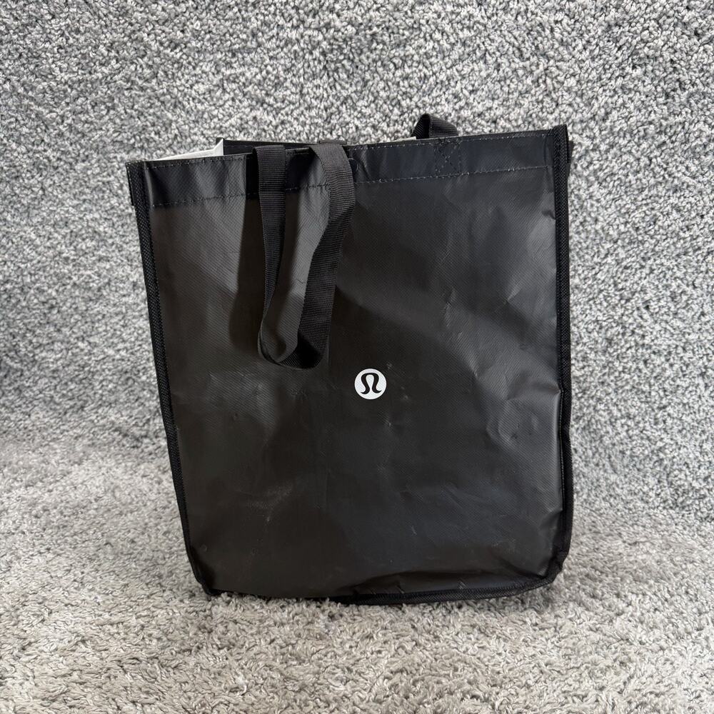 Lululemon Medium Reusable Shopping Tote Bag Black White Snap Closure 11.5x9x4.5"